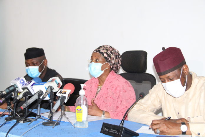 MSMEs L-R: Special Assistant to the President on MSMEs, Mr. Tola Johnson; Minister of State for Industry, Trade and Investment, Amb. Mariam Yalwaji Katagum and Director- General, Small and Medium Enterprises Development Agency of Nigeria, (SMEDAN), Dr. Dikko Raddah during a Press Briefing on MSMEs Survival Fund in Abuja.