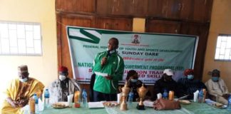ccasion of the Closing Ceremony of the National Youth Empowerment On Sustainable Livelihood Programme In Agriculture for Unemployed Youth at the National Youth Development Centre, Shere Hills, Jos-Plateau State on 19th Feb 2021. 3rd Left: Representative of the Hon. Minister of Youth & Sports Development, Mr Emmanuel Essien, ( Deputy Director in the Ministry) delivering the speech of the Hon. Minister to participants/ trainees