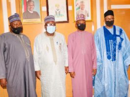 Hon. Minister of Environment, Dr. Mohammad Mahmood Abubakar(2nd From Right); Registrar, EHORECON, Dr. Baba Yakubu Mohammed(Extreme Right); Chairman, Commitee of Registrars of Health Profession, Mohammed Ibrahim Mami (2nd from Left) and Secretary of the Commitee, Alihu Abudulahi Angara after the Committee’s Courtesy call on the Minister of Environment, at the Ministry’s Headquaters, Mabushi, Abuja on Tuesday February 2021