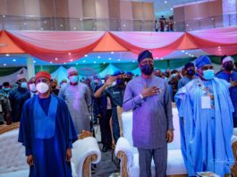 L-R: The Minister of State for Mines and Steel Development Dr Uchechukwu Sampson Ogah, Executive Governor of Oyo State, Engr Seyi Makinde and President of the Nigerian Mining and Geosciences Society, NMGS, Engr Obadiah Simon Nkom during the Opening Ceremony of the 56th Annual International Conference and Exhibition of NMGS held in Ibadan, Oyo State yesterday, 16th March 2021.