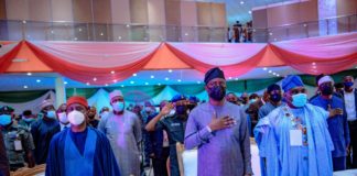 L-R: The Minister of State for Mines and Steel Development Dr Uchechukwu Sampson Ogah, Executive Governor of Oyo State, Engr Seyi Makinde and President of the Nigerian Mining and Geosciences Society, NMGS, Engr Obadiah Simon Nkom during the Opening Ceremony of the 56th Annual International Conference and Exhibition of NMGS held in Ibadan, Oyo State yesterday, 16th March 2021.