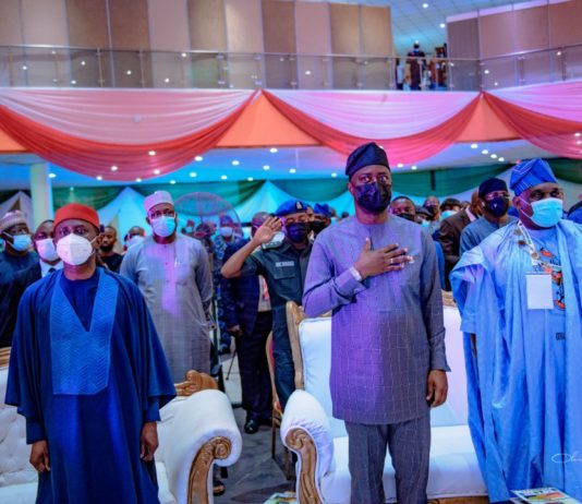 L-R: The Minister of State for Mines and Steel Development Dr Uchechukwu Sampson Ogah, Executive Governor of Oyo State, Engr Seyi Makinde and President of the Nigerian Mining and Geosciences Society, NMGS, Engr Obadiah Simon Nkom during the Opening Ceremony of the 56th Annual International Conference and Exhibition of NMGS held in Ibadan, Oyo State yesterday, 16th March 2021.