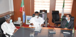 Honourable Minister, MNDA, Sen. Godswill Akpabio flanked by the Hon. Minister of State, MNDA, Sen. Omotayo Alasoadura and the French Ambassador to Nigeria, Jerome Pasquier, at the discussion table during the courtesy visit of the French Ambassador to the Ministry.