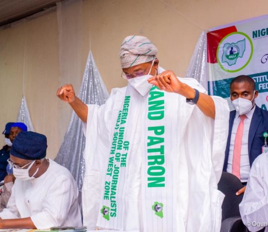 Minister of Interior, Ogbeni Rauf Aregbesola at his Investiture as Grand Patron of NUJ South West Zone, in Ibadan, at the weekend.