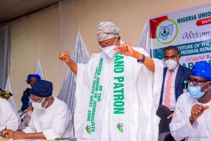 Minister of Interior, Ogbeni Rauf Aregbesola at his Investiture as Grand Patron of NUJ South West Zone, in Ibadan, at the weekend. Minister of Interior, Ogbeni Rauf Aregbesola at his Investiture as Grand Patron of NUJ South West Zone, in Ibadan, at the weekend.