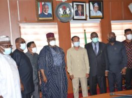The Honourable Minister, Sen. Godswill Akpabio, (M) Sen. Omotayo Alasoadura (3rd from Right) and the Permanent Secretary, Dr. Babayo Ardo, (1st from left) MNDA, with the Agricultural Experts from Cambodia, during their courtesy visit to the Ministry, on Thursday 25th March, 2021.