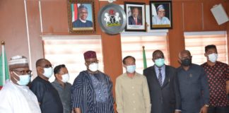 The Honourable Minister, Sen. Godswill Akpabio, (M) Sen. Omotayo Alasoadura (3rd from Right) and the Permanent Secretary, Dr. Babayo Ardo, (1st from left) MNDA, with the Agricultural Experts from Cambodia, during their courtesy visit to the Ministry, on Thursday 25th March, 2021.