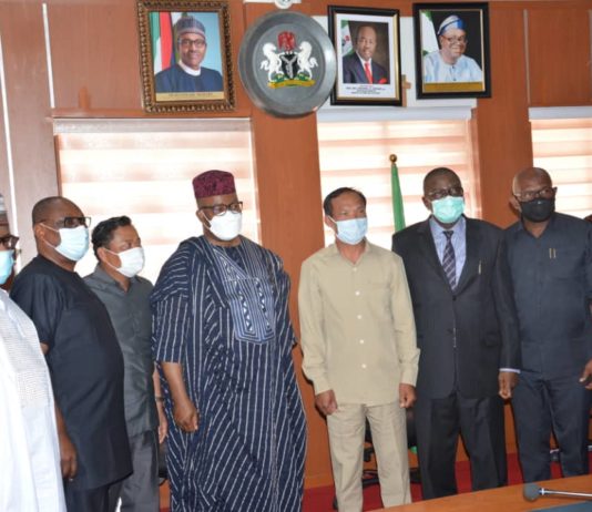 The Honourable Minister, Sen. Godswill Akpabio, (M) Sen. Omotayo Alasoadura (3rd from Right) and the Permanent Secretary, Dr. Babayo Ardo, (1st from left) MNDA, with the Agricultural Experts from Cambodia, during their courtesy visit to the Ministry, on Thursday 25th March, 2021.