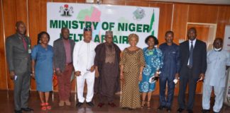 L-R: The Permanent Secretary, MNDA, Dr. Babayo Ardo and the National Coordinator/Chief Executive Officer, SERVICOM, Mrs Nnenna Akajemeli flanked by some Directors of the Ministry and her team.