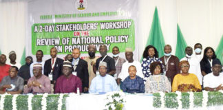 The Permanent Secretary Federal Ministry of Labour and Employment Dr. Yerima Peter Tarfa (4th left); the Deputy President, NLC Comrade Joe Ajaero (4th right); DG NPC, Dr Kashim Akor (2nd left); Director, Productivity Measurement and Labour Standards, Dan Neburagho (1st right); Director General, Micheal Imodu Institute of Labour Studies, S. I. Alabi (1st left) and other participants at the Stakeholders Workshop on the Review of National Policy on Productivity in Abuja.