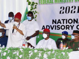 Honourable Minister for Labour and Employment, Dr Chris Ngige, giving his address at the 2021 Session of the National Labour Advisory Council, in Owerri, Imo State. On his right is Honourable Minister of State for Labour and Employment, Olorogun Festus Keyamo, SAN, and on his left, the Deputy Governor of Imo State, Professor Placid Njoku