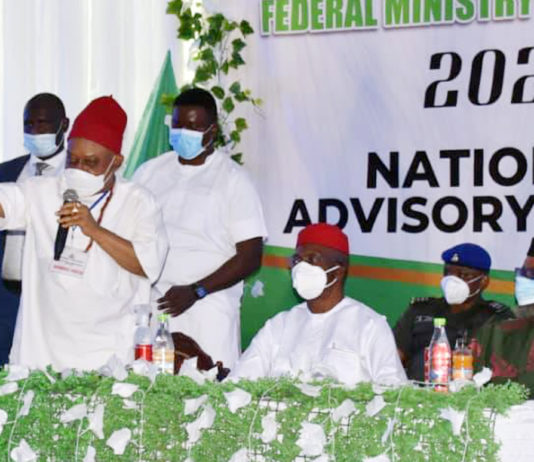 Honourable Minister for Labour and Employment, Dr Chris Ngige, giving his address at the 2021 Session of the National Labour Advisory Council, in Owerri, Imo State. On his right is Honourable Minister of State for Labour and Employment, Olorogun Festus Keyamo, SAN, and on his left, the Deputy Governor of Imo State, Professor Placid Njoku