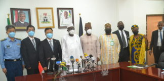 L-R: Military Attache, Lin Wei; Deputy Ambassador, Zhao Yong; Chinese Ambassador to Nigeria, His Excellency, Cui Jianchun; Minister of Police Affairs, Muhammad Maigari Dingyadi; Permanent Secretary, Tope Fashedemi; Director (Police Service Department), Mr. Umar Shehu Daura; Director (Legal|), Barr. Bolarinde Omoluabi; Director (Police Investigation Department), and Mrs. Mary Ele-Ojoh Akpa during a courtesy call to the Ministry’s Headquarters, Abuja