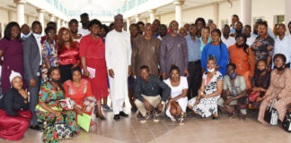 Permanent Secretary, Federal Ministry of Labour and Employment, Dr Yerima Peter Tarfa (8th left), and Director, Skills Development and Certification, Barr. Amos Johnson (9th left) with the participants of a one-day induction training of Skills officers of the Ministry
