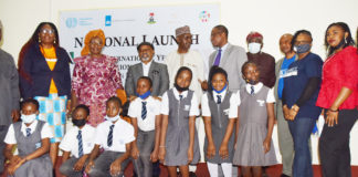 The Honourable Minister of Labour and Employment, Dr Chris Ngige (3rd left); Minister for Women Affairs, Dame Pauline Tallen (2nd left); Representatives of Minister for Federal Capital Territory, and ILO Chi Chi Anunu; Permanent Secretary, Federal Ministry of Labour and Employment, Dr Yerima Peter Tarfa with other dignitaries and Pupils of Tithemi International School, Lugbe during the launching of the 2021 International Year for the Elimination of Child Labour (IYECL)