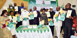 The Honourable Minister of State, Federal Ministry of Labour and Employment, Festus Keyamo SAN (5th left); Permanent Secretary, Federal Ministry of Labour and Employment, Dr Yerima Peter Tarfa (4th left); Director, Occupational Safety and Health, Mrs Loretta Adogu (3rd left); NECA Representative, Nike Ajala (left) and other dignitaries during the Launching of the Revised National Policy on Occupational Safety and Health and Commemoration of 2021 World Day for Safety and Health at Work in Abuja