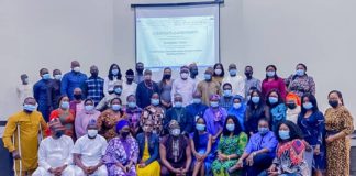 Middle Row - (8th Left) Representative of the Minister of Humanitarian Affairs, Disaster Management and Social Development, the Special Adviser Administration to the Minister, Kingsley Ngene (7th left) the SA to the Permanent Secretary of the Ministry, Abdulkareem Iliyasu, (2nd Left) SA on Strategic Matters and Planning to the Honourable Minister, Mrs Halima Oyelade, (5th Left) Principal Information Officer, Grace Osuji, and other Staff of FMHADSD, NAPTIP, NCFRMI, NEDC, NEMA , and Disability Commission, during the Training on Child Development Grant and Programme for Social Protection, on 9th April, 2021, in Lagos.