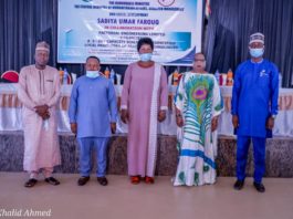 (2nd Right) The Representative of the Honourable Minister of Humanitarian Affairs, Disaster Management and Social Development, Sadiya Umar Farouq, Director Special Needs, Mrs Florence Nkechi Onwukwe, (1st Left) the Representative of the Permanent Secretary of the Ministry, Chief Community Development Officer, Garba Magaji, (Middle) the Representative of the Honourable Commissioner Women Affairs, Benue State, Eunice Tachia Terumbur, (1st Right) the Representative Resource Person, Kolawole Taiwo, (2nd Left) the Representative Consultant Factorial Engineer Limited Workshop, Charles Ofonimeh, during the Opening ceremony of the 3-Day Capacity Building to Identify Local Producers of Assistive Technologies. On the 21st April, 2021, in Markurdi, Benue State. Photo: Khalid Ahmed.