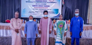(2nd Right) The Representative of the Honourable Minister of Humanitarian Affairs, Disaster Management and Social Development, Sadiya Umar Farouq, Director Special Needs, Mrs Florence Nkechi Onwukwe, (1st Left) the Representative of the Permanent Secretary of the Ministry, Chief Community Development Officer, Garba Magaji, (Middle) the Representative of the Honourable Commissioner Women Affairs, Benue State, Eunice Tachia Terumbur, (1st Right) the Representative Resource Person, Kolawole Taiwo, (2nd Left) the Representative Consultant Factorial Engineer Limited Workshop, Charles Ofonimeh, during the Opening ceremony of the 3-Day Capacity Building to Identify Local Producers of Assistive Technologies. On the 21st April, 2021, in Markurdi, Benue State. Photo: Khalid Ahmed.
