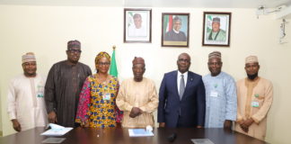 (2ND L-R), The Minister of State, Agriculture and Rural Development ,Hon. Mustapha Baba Shehuri ,Prof. Olufumilayo Para- Mallam ,Minister of Agriculture and Rural Development ,Alhaji Muhammad Sabo Nanono and Permanent Secretary in the Ministry,Dr. Ernest Umakhihe, in a group photograph after the Meeting