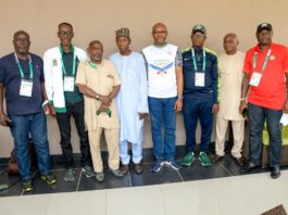 Occasion of Courtesy Visit by the newly elected Zonal Chairmen of State Directors of Sports of the six- geopolitical zones, on the Permanent Secretary, FMYSD; today Monday 12th April, 2021: Standing in the Middle 4th to Right in White T Shirt/Blue Jeans is Mr Nebeolisa Anako; supported by the Zonal Chairmen.