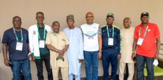 Occasion of Courtesy Visit by the newly elected Zonal Chairmen of State Directors of Sports of the six- geopolitical zones, on the Permanent Secretary, FMYSD; today Monday 12th April, 2021: Standing in the Middle 4th to Right in White T Shirt/Blue Jeans is Mr Nebeolisa Anako; supported by the Zonal Chairmen.