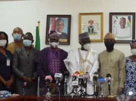 L-R: Mamman Ali Baba (Fed. Min. of Justice, DCP Johnson Adeola (Nigeria Police), Ruth Olofin (CLEEN Foundation), Orvainya Charity (National Human Right Commission), Com. Olukayode Odunuga (NYCN) Minister of Police Affairs, Mr. Muhammad Maigari Dingyadi(M), Permanent Secretary, Mr. Temitope Fashedemi, Prtincess Nana Dahiru(PCRC), Samuel Aniyun (NIA), Aaron Kaase(PSC), Musa Garba (DSS) and Director(Police Investigative Department), Mrs. Mary Ele-Ojoh during the inauguration of Police Public Complaints Committee at the Ministry of Police Affairs Headquarters, Abuja Download all attachments as a zip file