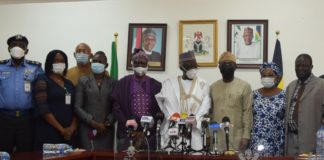 L-R: Mamman Ali Baba (Fed. Min. of Justice, DCP Johnson Adeola (Nigeria Police), Ruth Olofin (CLEEN Foundation), Orvainya Charity (National Human Right Commission), Com. Olukayode Odunuga (NYCN) Minister of Police Affairs, Mr. Muhammad Maigari Dingyadi(M), Permanent Secretary, Mr. Temitope Fashedemi, Prtincess Nana Dahiru(PCRC), Samuel Aniyun (NIA), Aaron Kaase(PSC), Musa Garba (DSS) and Director(Police Investigative Department), Mrs. Mary Ele-Ojoh during the inauguration of Police Public Complaints Committee at the Ministry of Police Affairs Headquarters, Abuja Download all attachments as a zip file