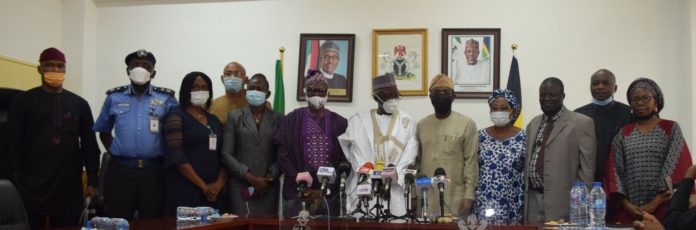 L-R: Mamman Ali Baba (Fed. Min. of Justice, DCP Johnson Adeola (Nigeria Police), Ruth Olofin (CLEEN Foundation), Orvainya Charity (National Human Right Commission), Com. Olukayode Odunuga (NYCN) Minister of Police Affairs, Mr. Muhammad Maigari Dingyadi(M), Permanent Secretary, Mr. Temitope Fashedemi, Prtincess Nana Dahiru(PCRC), Samuel Aniyun (NIA), Aaron Kaase(PSC), Musa Garba (DSS) and Director(Police Investigative Department), Mrs. Mary Ele-Ojoh during the inauguration of Police Public Complaints Committee at the Ministry of Police Affairs Headquarters, Abuja Download all attachments as a zip file