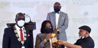 R-L the Honourable Minister of Labour and Employment, Dr Chris Ngige, presenting the Icon of Human Resources Award to Dr Folasade Yemi Esan, Head of Service of the Federation, while the President of CIPMN, Wale Adeniran stand by during the 2020 Fellow’s Award and the Human Resources (HR) Recognition Ceremonies of the Chartered Institute of Personnel Management of Nigeria (CIPMN) in Abuja