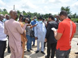The Project Manager/ Coordinator Gitto Construction Company Nigeria Ltd, Chief Ghanem Rasbieth addressing the Permanent Secretary, MNDA, Dr. Babayo Ardo on the progress of work at the beginning of Eket Bypass on Friday, May 21, 2021.