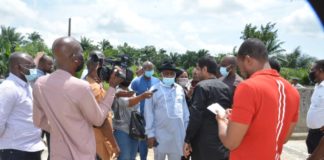 The Project Manager/ Coordinator Gitto Construction Company Nigeria Ltd, Chief Ghanem Rasbieth addressing the Permanent Secretary, MNDA, Dr. Babayo Ardo on the progress of work at the beginning of Eket Bypass on Friday, May 21, 2021.