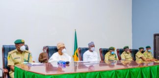 Minister of Interior, Ogbeni Rauf Aregbesola (2nd Left), Perm. Sec. Min. of Interior, Dr. Shuaib Belgore (3rd Left), Ag. CG of NCoS, John Mrabore (1st Left) and others during the HMI's Meeting with Squadron Commanders of NCoS in Abuja on Friday.