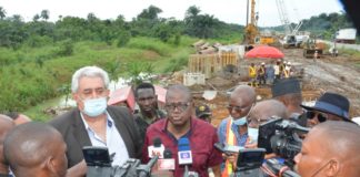 The Honourable Minister of State, MNDA, Sen. Omotayo Alasoadura and Chief Engineer, RCC, Zavontenik Igor granting interview at the Deck-on-Pile Bride KM59+600 (Imo River) during the Inspection of the East-West road on Thursday 20th, May, 2021.