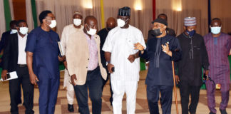 Honourable Minister of Labour and Employment, Dr Chris Ngige (3rd right) Minister of State, Budget and National Planning, prince Clement Agba (3rd left) after the meeting of the leadership of NMA, NARD and JOHESU with the Federal Government on the Health workers allowance in Abuja.