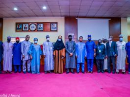 (7th Left) The Honourable Minster of Humanitarian Affairs, Disaster Management and Social Development, Sadiya Umar Farouq, (8th Left) the Permanent Secretary of the Ministry, Bashir Nura Alkali, (6th Left) Director Humanitarian Affairs, Grema Ali Alhaji, (2nd Left) National Coordinator NSIP, Engr Umar B. Bindir, (4th Left) Director HRM, Abdulrahman Babatunde Jaji, (5th Left) Director Special Needs, Nkechi Onwukwe, (6th Right) Director Finance and Account, Matthew Dada (5th Right) Director Legal, Garba Haganawega, (7th Right) Director PRS, Repheal Obi, during the press briefing on the Shortlisting of N-Power Batch C Stream 1 and updates on other Social Investment Programmes, on the 8th June, 2021. In Abuja.