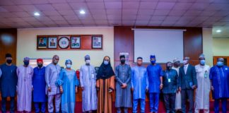 (7th Left) The Honourable Minster of Humanitarian Affairs, Disaster Management and Social Development, Sadiya Umar Farouq, (8th Left) the Permanent Secretary of the Ministry, Bashir Nura Alkali, (6th Left) Director Humanitarian Affairs, Grema Ali Alhaji, (2nd Left) National Coordinator NSIP, Engr Umar B. Bindir, (4th Left) Director HRM, Abdulrahman Babatunde Jaji, (5th Left) Director Special Needs, Nkechi Onwukwe, (6th Right) Director Finance and Account, Matthew Dada (5th Right) Director Legal, Garba Haganawega, (7th Right) Director PRS, Repheal Obi, during the press briefing on the Shortlisting of N-Power Batch C Stream 1 and updates on other Social Investment Programmes, on the 8th June, 2021. In Abuja.