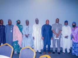 (5th Right) The Representative of the Permanent Secretary, Federal Ministry of Humanitarian Affairs, Disaster Management and Social Development,Bashir Nura Alkali, Director Humanitarian Affairs, Grema Ali Alhaji, (6th Right) National Coordinator for NSIP, Engr Umar B. Bindir, (4th Right) Direct,or PRS, Repheal Obi, (2nd Left) TA NGO, Laiseing NEMA, Musa Bungudu, (1st Left) DFA NSIP, Adaramoye Joseph Oluwole, (3rd Left) TA to the Minster on Home-Grown, Aisha Digil, during the Agenda for the Orientation for the FMHADMSD Staff Monitoring the Enumuration Exercise for the Beneficiary of the NHGSFP, on 22nd June, 2021. In Abuja.