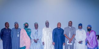 (5th Right) The Representative of the Permanent Secretary, Federal Ministry of Humanitarian Affairs, Disaster Management and Social Development,Bashir Nura Alkali, Director Humanitarian Affairs, Grema Ali Alhaji, (6th Right) National Coordinator for NSIP, Engr Umar B. Bindir, (4th Right) Direct,or PRS, Repheal Obi, (2nd Left) TA NGO, Laiseing NEMA, Musa Bungudu, (1st Left) DFA NSIP, Adaramoye Joseph Oluwole, (3rd Left) TA to the Minster on Home-Grown, Aisha Digil, during the Agenda for the Orientation for the FMHADMSD Staff Monitoring the Enumuration Exercise for the Beneficiary of the NHGSFP, on 22nd June, 2021. In Abuja.