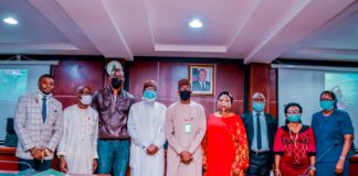 5th Right) The Representative of the Honourable Minster of Humanitarian Affairs, Disaster Management and Social Development, Sadiya Umar Farouq, the Permanent Secretary of the Ministry, Bashir Nura Alkali, (4th Right) Representative of the Permanent Secretary, Director Special Needs, Nkechi Onwukwe, (4th Left) Vintsolve Global Consults, Rilwan Hussein Abarshi, (2nd Left) Director Special Need Education Branch, Federal Ministry of Education, during the Stakeholder Validation Meeting on the Draft National Roadmap on Local Production of Standardized Assistive Technologies for Persons with Disabilities (PWDs) in Nigeria, on 22nd June, 2021. In Abuja