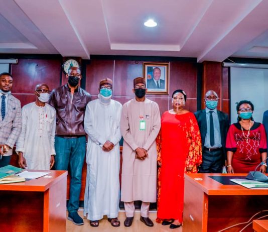 5th Right) The Representative of the Honourable Minster of Humanitarian Affairs, Disaster Management and Social Development, Sadiya Umar Farouq, the Permanent Secretary of the Ministry, Bashir Nura Alkali, (4th Right) Representative of the Permanent Secretary, Director Special Needs, Nkechi Onwukwe, (4th Left) Vintsolve Global Consults, Rilwan Hussein Abarshi, (2nd Left) Director Special Need Education Branch, Federal Ministry of Education, during the Stakeholder Validation Meeting on the Draft National Roadmap on Local Production of Standardized Assistive Technologies for Persons with Disabilities (PWDs) in Nigeria, on 22nd June, 2021. In Abuja