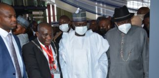 L-R : President of Nigerian Institute of Estate Surveyors and Valuers ,Esv . Sir (Chief) Emmanuel Akas Wike, Hon. Minister of State for Works and Housing Eng Abubakar D. Aliyu, Ex - President of Nigeria Dr Goodluck E. Jonathan and Governor of Ondo State Arakunrin Rotimi Akeredolu at 51st Annual Conference of Nigerian Institute of Estate Surveyors and Valuers at International Conference Center, Abuja