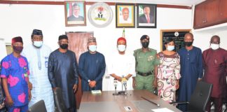 Minister of Science and Technology, Dr. Ogbonnaya Onu receiving the president of the Board of Organisation of Military Sports in Africa, (OSMA) Brig. Gen Mohammed Abdullahi