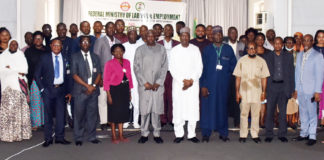 Permanent Secretary, Federal Ministry of Labour and Employment, Dr Yerima Peter Tarfa (8th right); Director, Reform Coordination and Service Improvement of the Ministry, Dr John O. Magbadelo; Director, Occupational Safety and Health, Mrs. Adogu Lauretta with resource persons and participants at a one day workshop for Reform Coordination and Service Improvement champions in Abuja