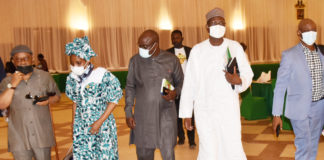 L-R: Honourable Minister of Labour and Employment, Dr Chris Ngige, Permanent Secretary, Federal Ministry of Labour, Dr Yerima Peter Tarfa (2nd right) after the meeting of Presidential Committee on Salaries, relevant Federal Government stakeholders and health sector professional associations and trade unions at State house.