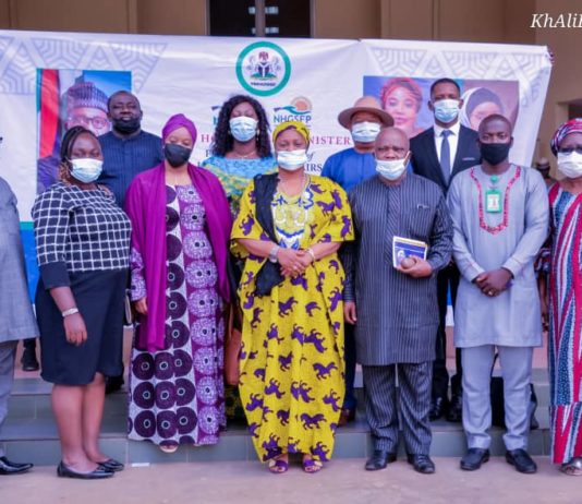Front Row) (3rd Right) Zonal Monitor, NHGSFP FCT, Udo Emmanuel, (Middle) Fct Focal Person on NSIP, Chiwendu Eteyen Amba, (1st Right) Ag. Director, NOA, FCT, Comfort Ogundamola, (2nd Right) Pm Statistics NBS, Ali Ogulu Joseph, (Back Row) (1st Left) Training and Communication Officer, FCT SIP, Lanre Ajayi, (1st  Right) FCT Consultant Representing NETRIX Solutions,  Benedict Ezeoku, and others, during the Stakeholders Engagement on Enumuration of Beneficiaries and Scaling up of the Program in FCT, on 7th, July, 2021. In Abuja. Photo: Khalid Ahmed.