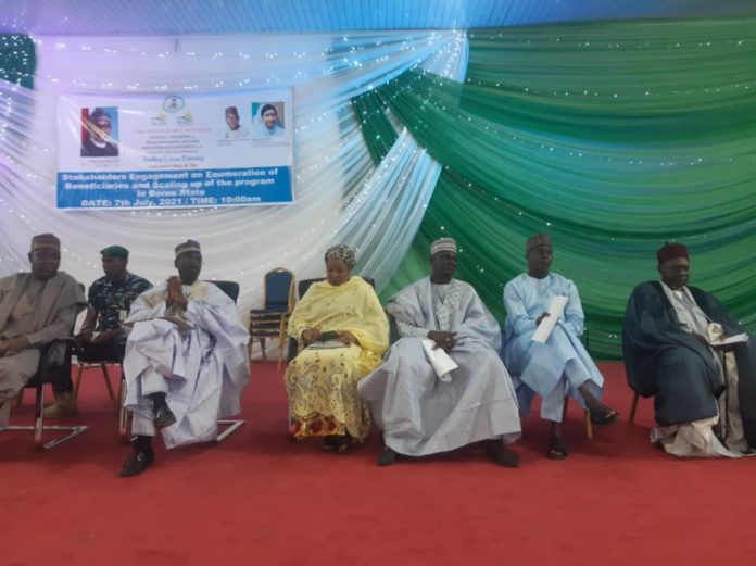 Fourth right, the Representative of the Honourable Minister of Humanitarian Affairs, Grema Ali Alhaji, third right, Focal Person of the NHGSFP in Borno State, Hajjia Aisha Waziri, fift right, Representative of the Governor of Borno State, Chief of Staff, Professor Isa Marte among other dignitaries.