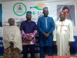 (2nd Right) The Representative of the Honourable Minister of Humanitarian Affairs, Disaster Management and Social Development, Sadiya Umar Farouq, National Coordinator NASSCO, Iorwa Apera, (2nd Left) Benue State Focal Person, Terri Damsa, (1st Left) DD PRS, Safiya Sani, during the Distribution of Engagement letters and Monitoring devices to Independent Monitors in Benue State, on 10th July, 2021. In Markurdi.