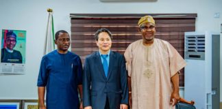 The Minister of Mines and Steel Development Arc Olamilekan Adegbite (right), Minister of State, Mines and Steel Development, Dr Uchechukwu Sampson Ogah (left) with the Korean Ambassador, Kim Young-Chae (middle) during the Ambassador's visit to the Ministry's Headquarters in Abuja on Tuesday 13th July, 2021.