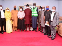 (Middle right) Representative of the Honourable Minister of Humanitarian Affairs, Disaster Management and Social Development Abdullahi Usman, (Middle left) His Execellency the Executive Governor of Nassarawa State Engr. Abdullahi A. Sule and the State Coordinator National Orientation Agency Mrs. Priscilla Gondo Aluor and others during the Nassarawa State enumeration exercise 15th July, 2021.